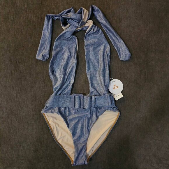 PQ Swim women denim Belted Alex Crossover Halter One Piece Swimsuit Size Medium - Picture 4 of 11